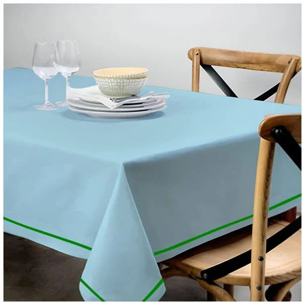 Single Embroidery Border Sateen Cotton Solid Table Cloth - Light Blue PushpLinen