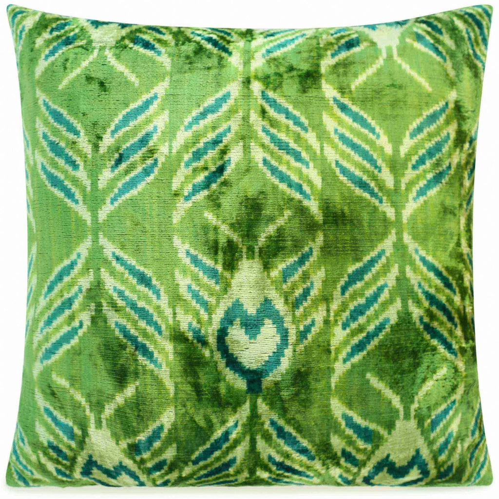 Handmade Velvet Throw Pillow with Green and Teal Ikat Design - High-quality 20x20 Inch Decorative Accent... - House Of Avana