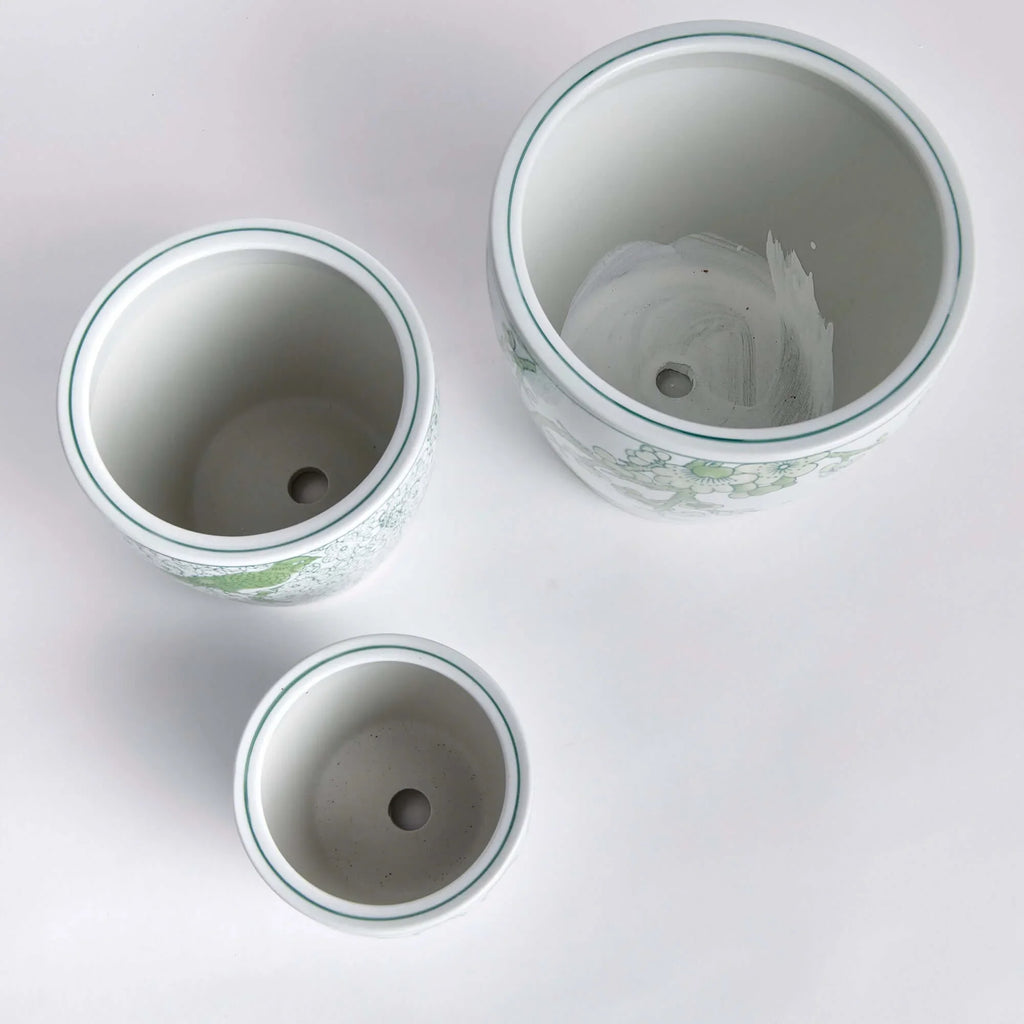 Green and White Chinoiserie Ceramic Planters (Set of 3) Vintage Shopper