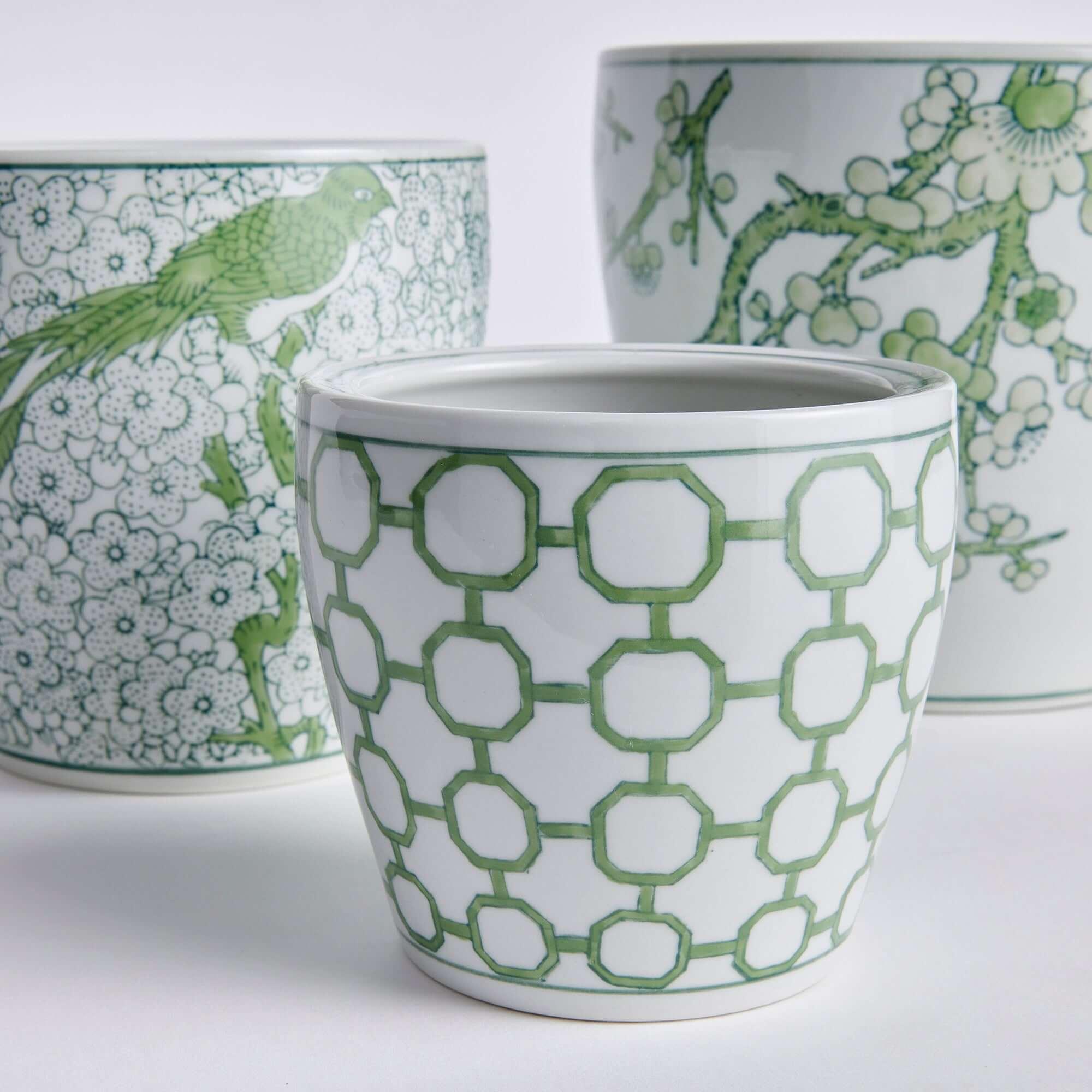 Green and White Chinoiserie Ceramic Planters (Set of 3) Vintage Shopper