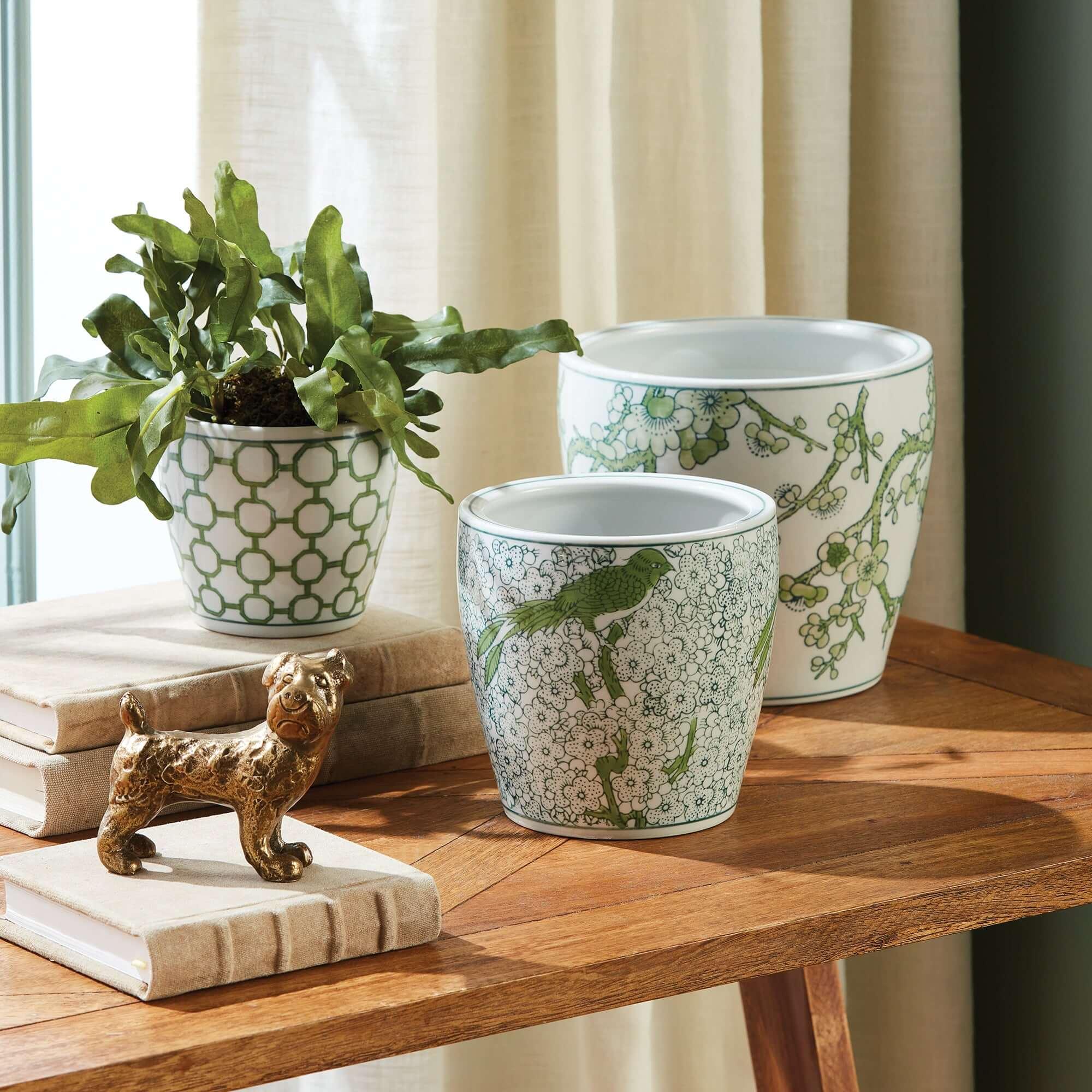 Green and White Chinoiserie Ceramic Planters (Set of 3) Vintage Shopper