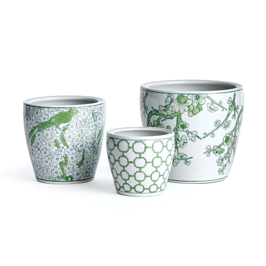 Ceramic planters in green and white, chinoiserie pattern, set of 3 - House of Avana