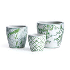 Ceramic planters in green and white, chinoiserie pattern, set of 3 - House of Avana