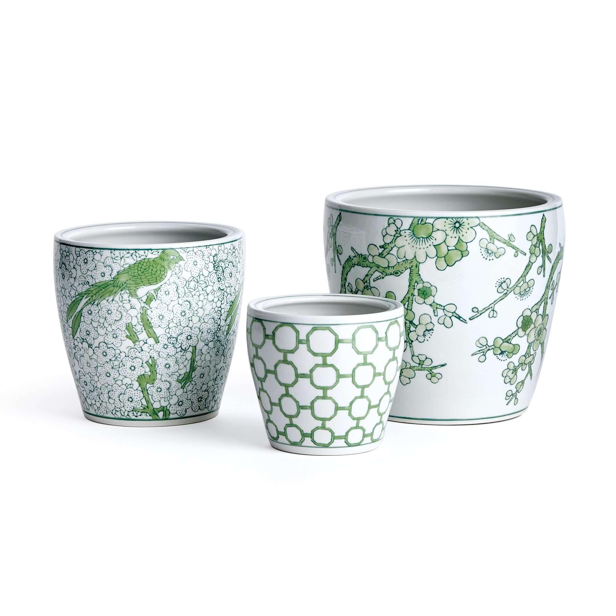 Ceramic planters in green and white, chinoiserie pattern, set of 3 - House of Avana