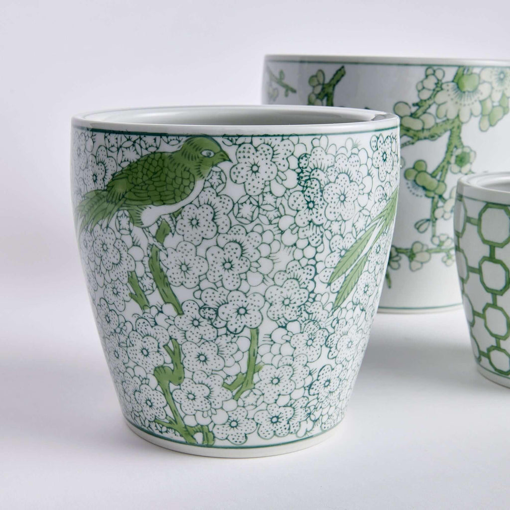 Ceramic planters in green and white, chinoiserie pattern, set of 3 - House of Avana