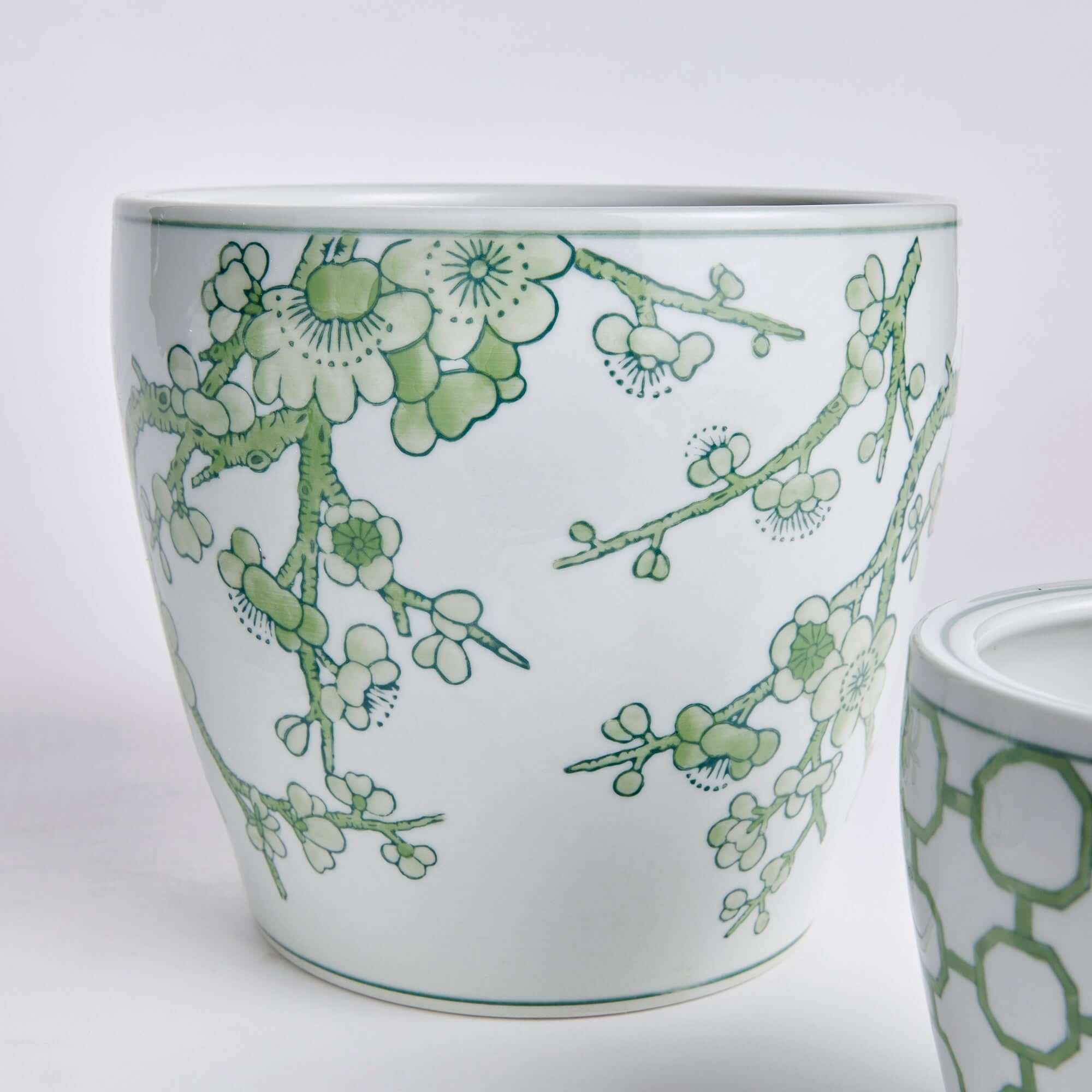 Ceramic planters in green and white, chinoiserie pattern, set of 3 - House of Avana