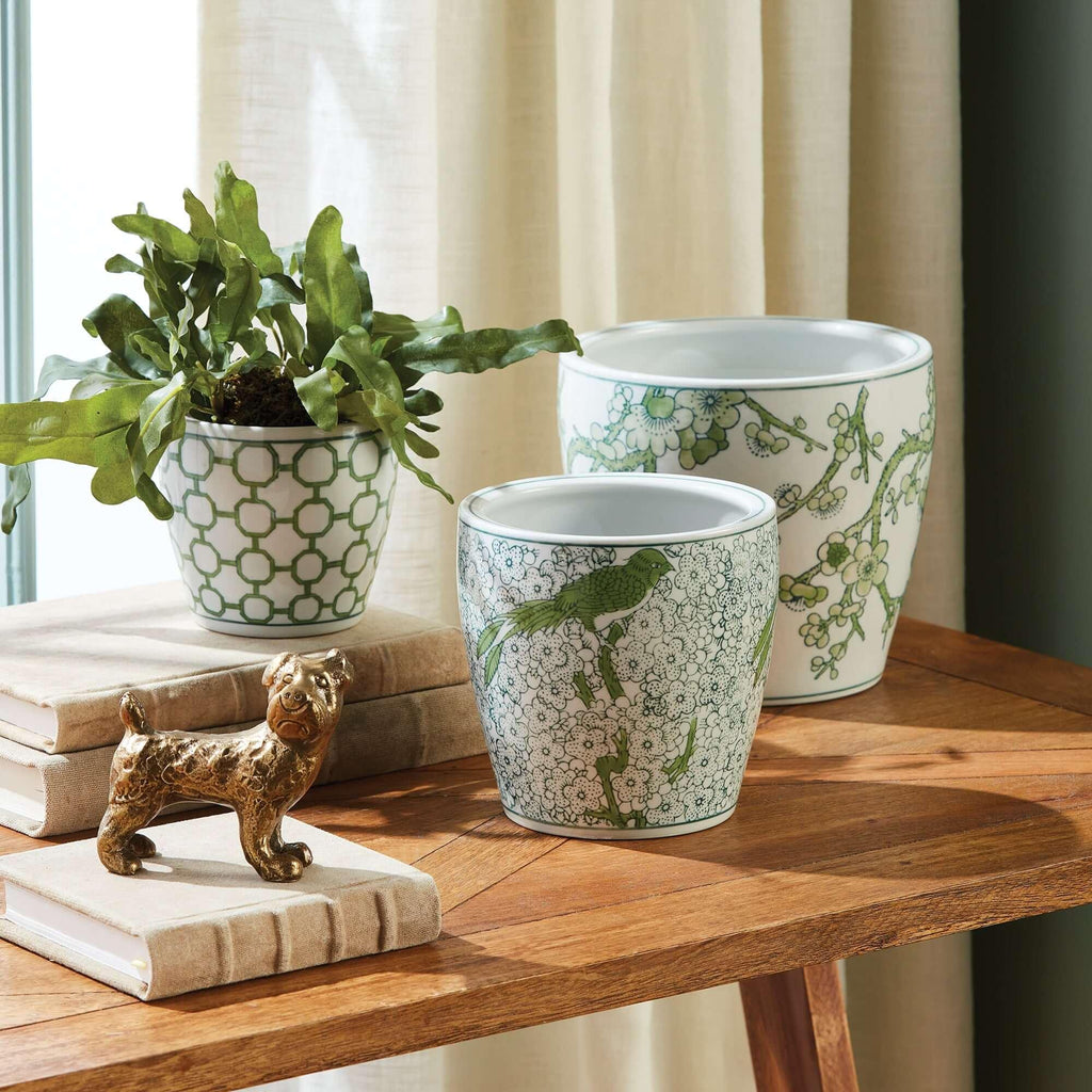 Ceramic planters in green and white, chinoiserie pattern, set of 3 - House of Avana