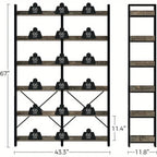GREENSTELL 67" Industrial Rustic Bookcase - 6-Tier Open Shelf Storage Unit with Metal Frame & 4 Hooks, Vintage Display Shelf, 43.3" Width, Grey Finish House Of Avana