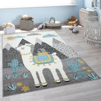 Nursery Rug for Kids Llama, Mountains in Grey Blue Cream, front view - House Of Avana