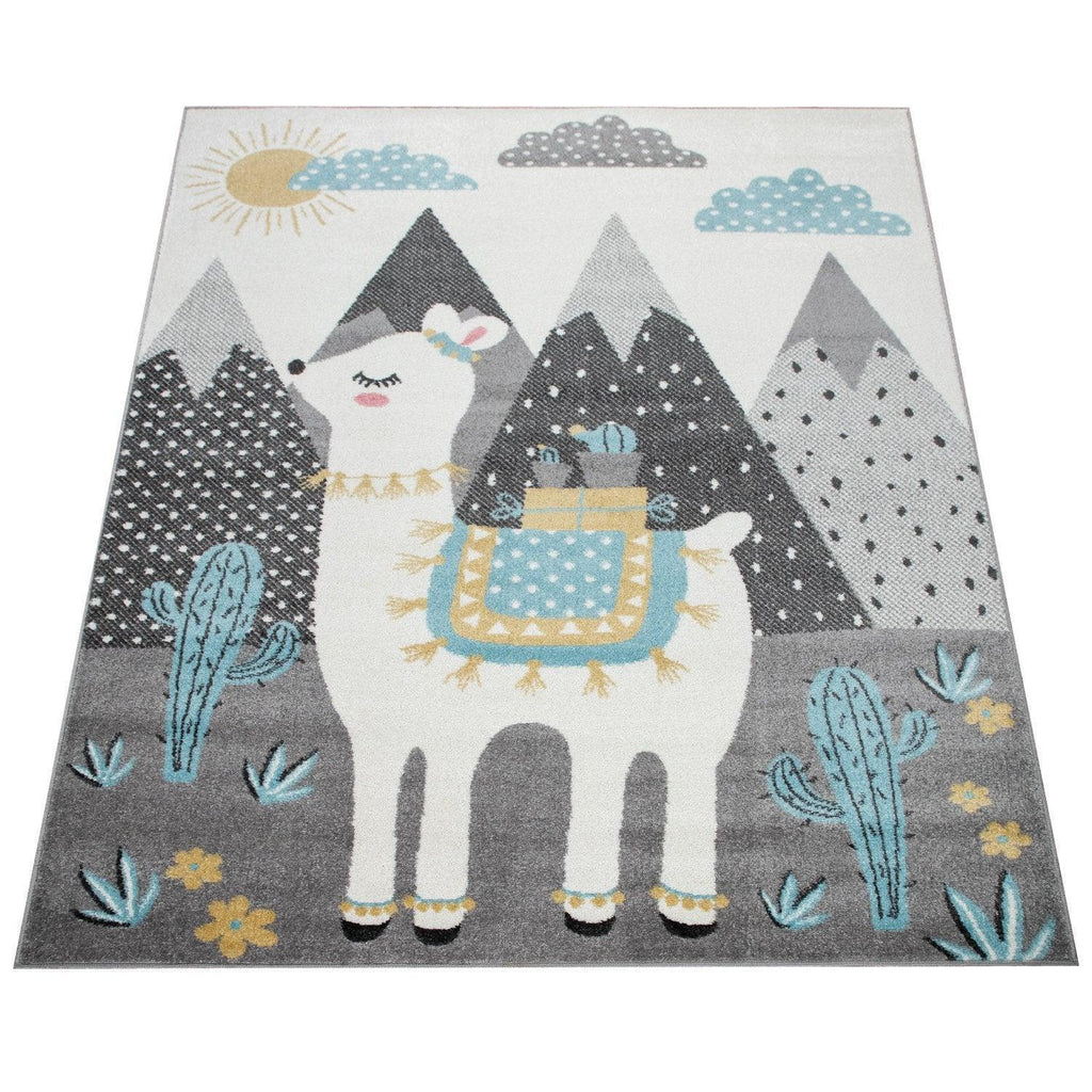 Nursery Rug for Kids Llama, Mountains in Grey Blue Cream, lifestyle image - House Of Avana