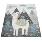 Nursery Rug for Kids Llama, Mountains in Grey Blue Cream, lifestyle image - House Of Avana