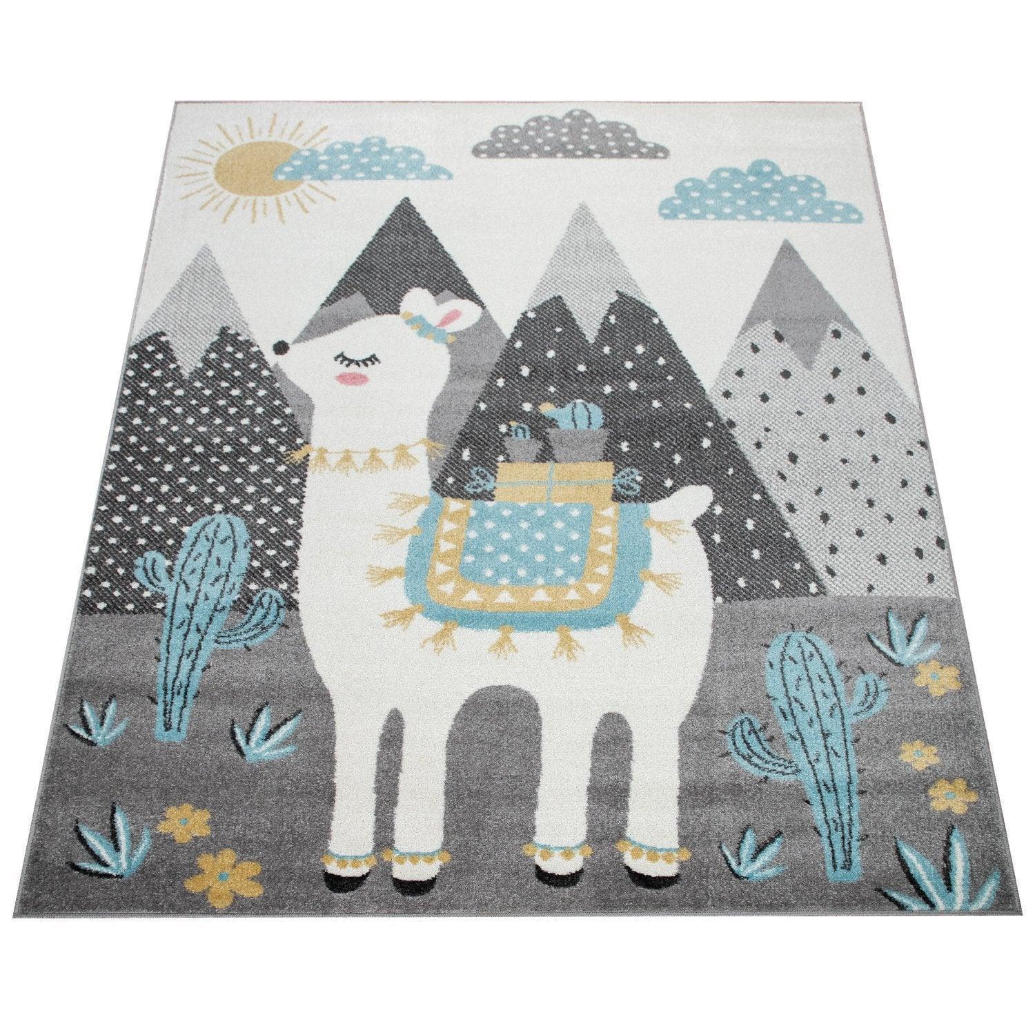 Nursery Rug for Kids Llama, Mountains in Grey Blue Cream, lifestyle image - House Of Avana