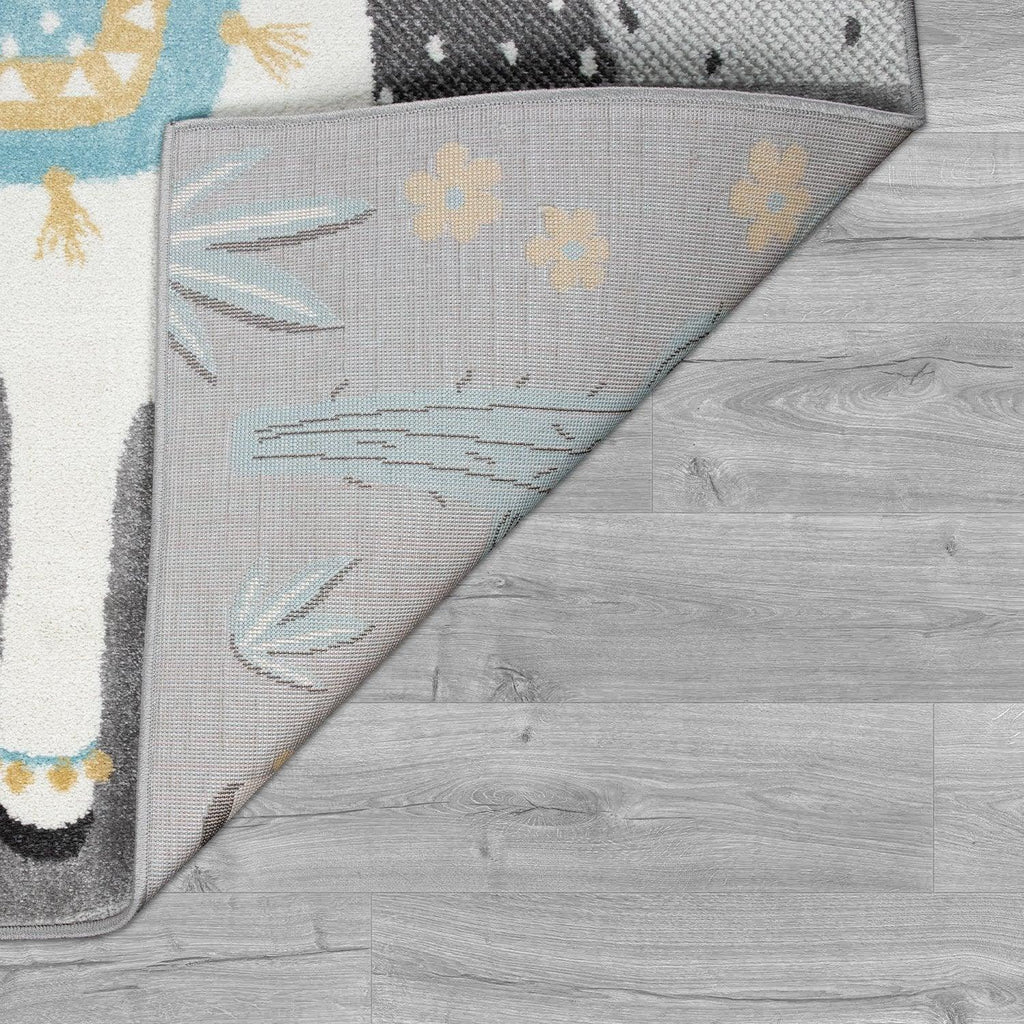 Nursery Rug for Kids Llama, Mountains in Grey Blue Cream, side view - House Of Avana