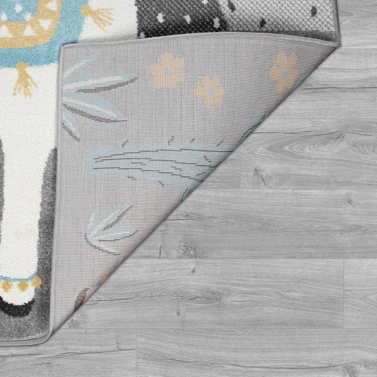 Nursery Rug for Kids Llama, Mountains in Grey Blue Cream, side view - House Of Avana
