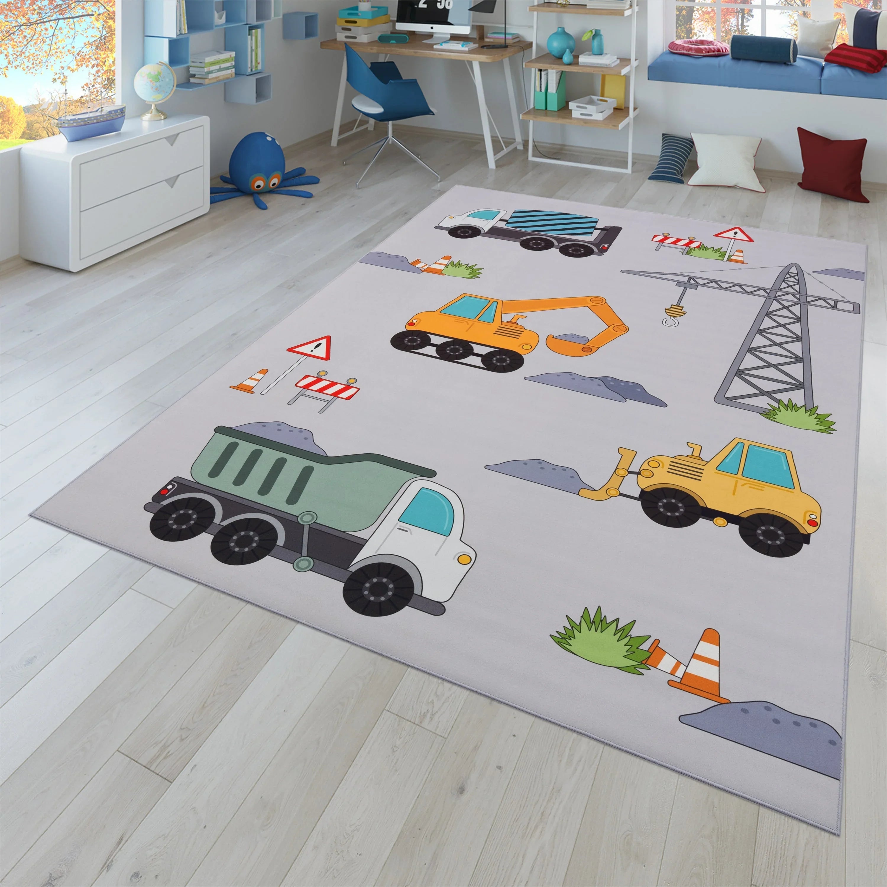 Kids Play-Mat Bob Construction Site with Trucks & Cranes in Grey RugYourHome