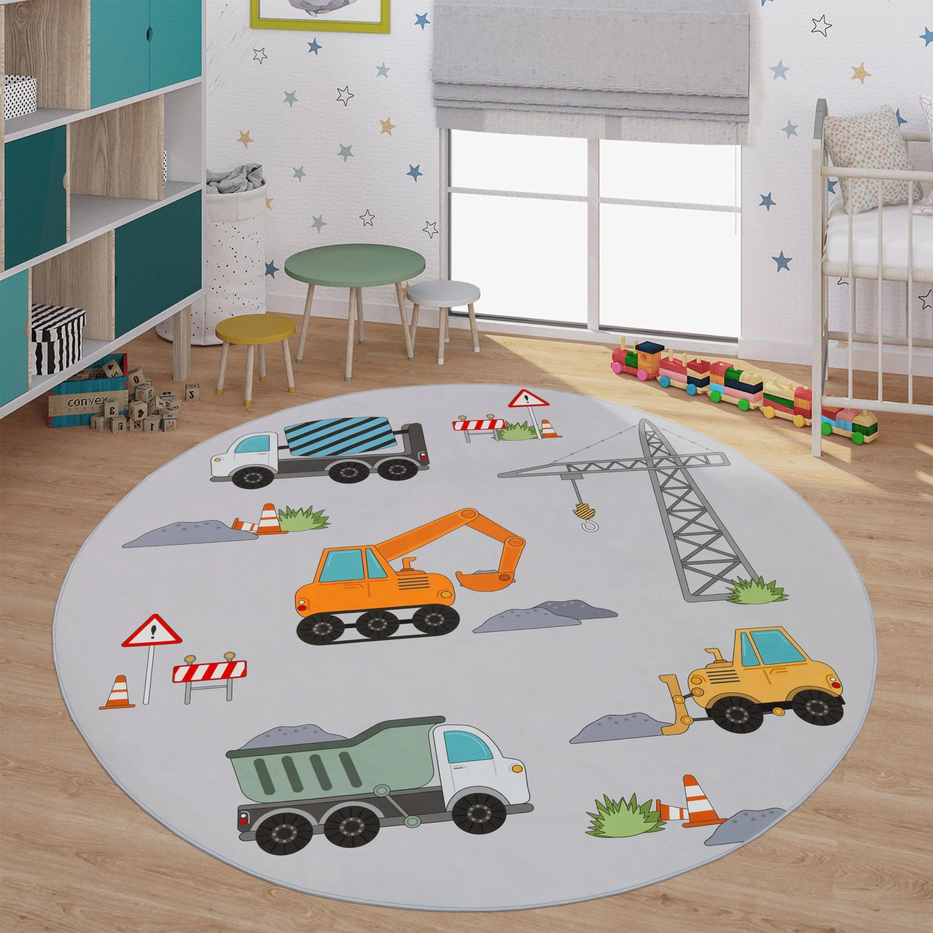 Kids Play-Mat Bob Construction Site with Trucks & Cranes in Grey RugYourHome