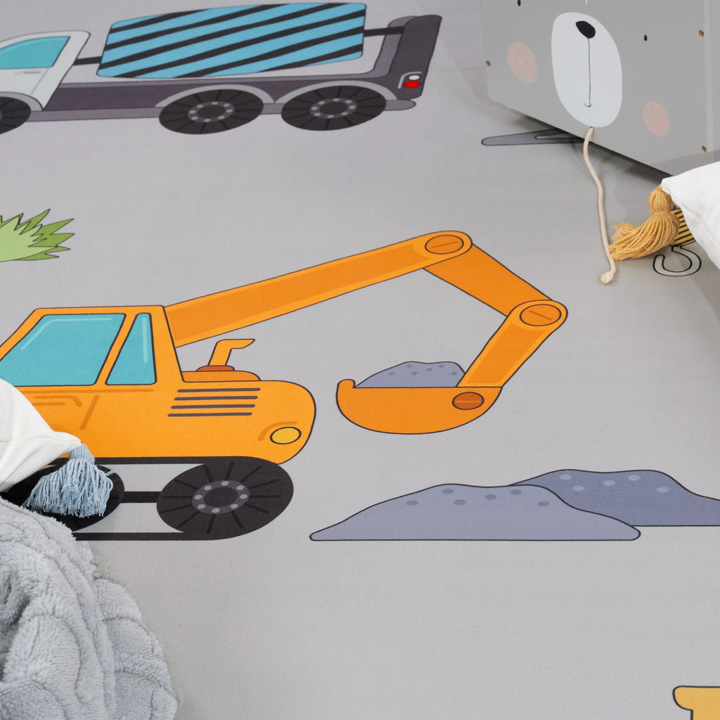 Kids Play-Mat Bob Construction Site with Trucks & Cranes in Grey RugYourHome