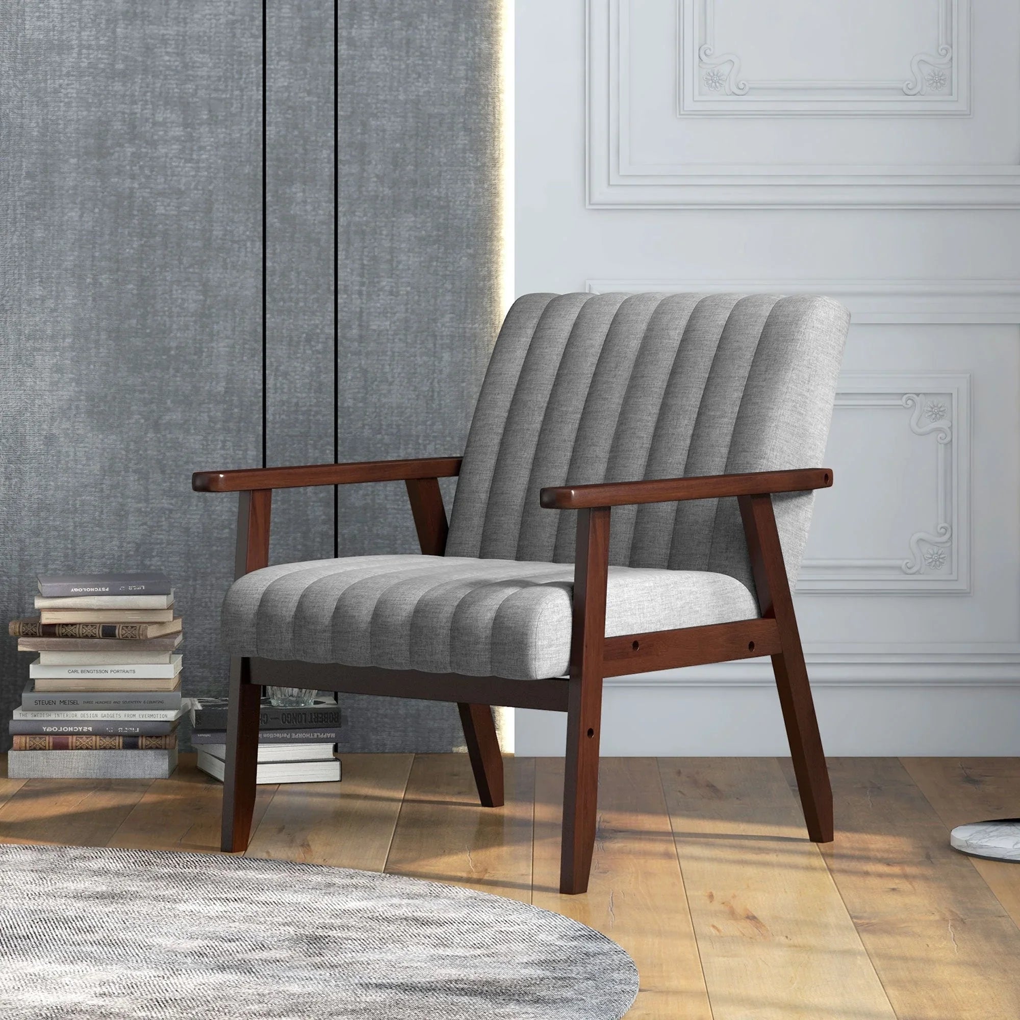Grey fabric accent chair with tufted upholstery and wood legs - House of Avana