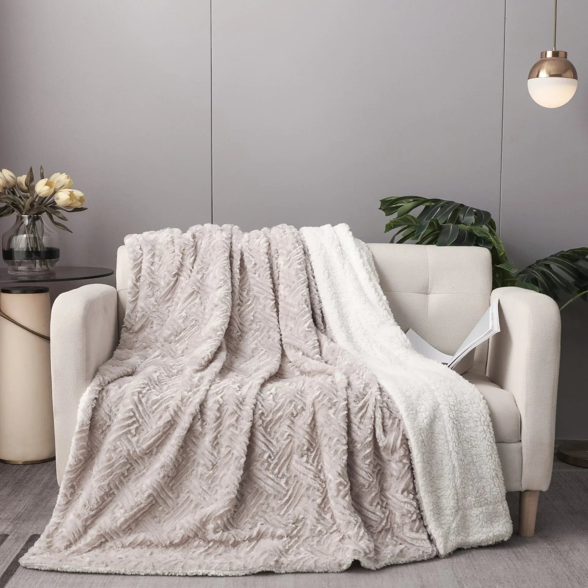 DaDalogy Bedding Lavender Grey Faux Fur Throw Blanket - Dreamy Geometric Embossed Sherpa Backside - Super Soft Warm Cozy Plush Fluffy DaDalogy Bedding Collection