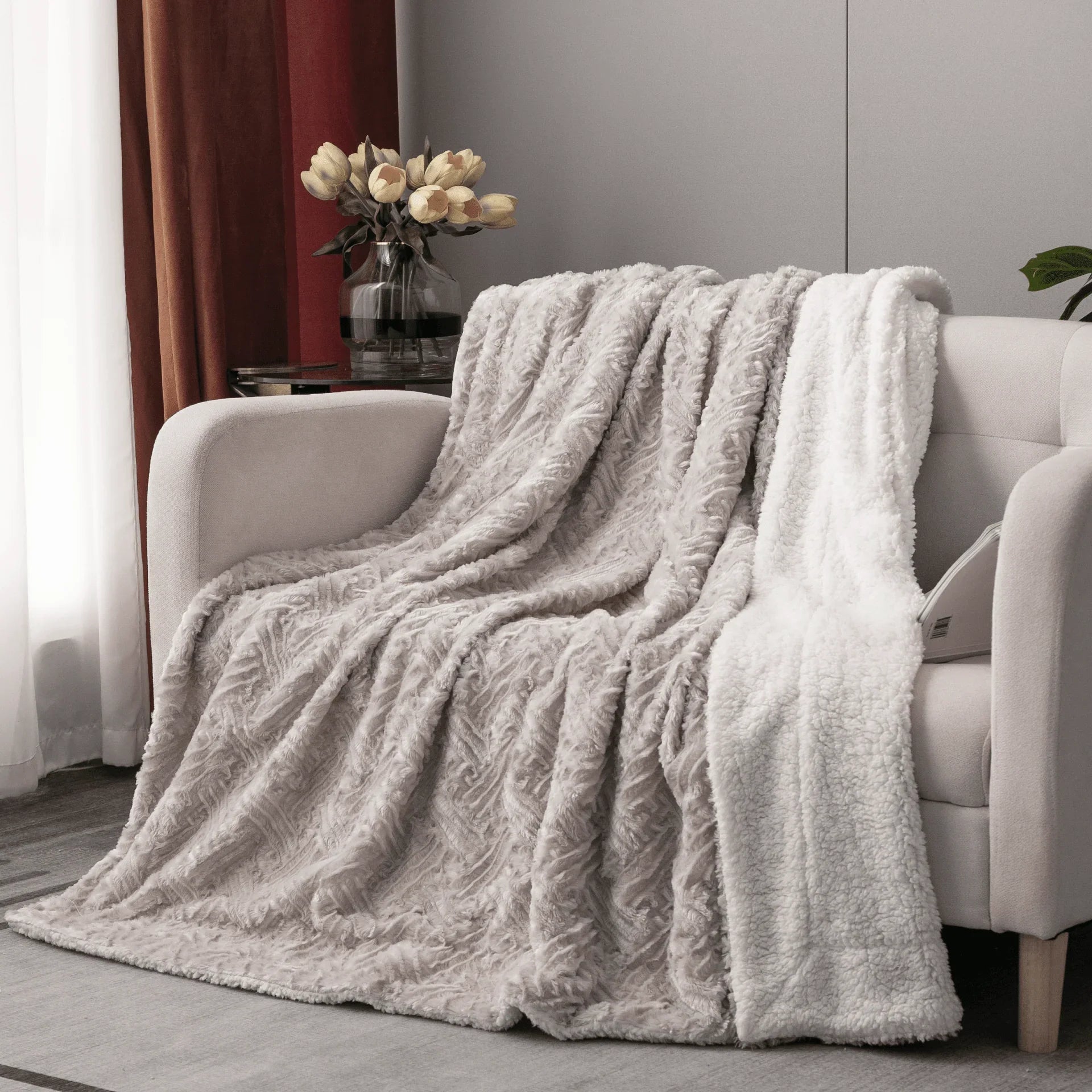 DaDalogy Bedding Lavender Grey Faux Fur Throw Blanket - Dreamy Geometric Embossed Sherpa Backside - Super Soft Warm Cozy Plush Fluffy DaDalogy Bedding Collection