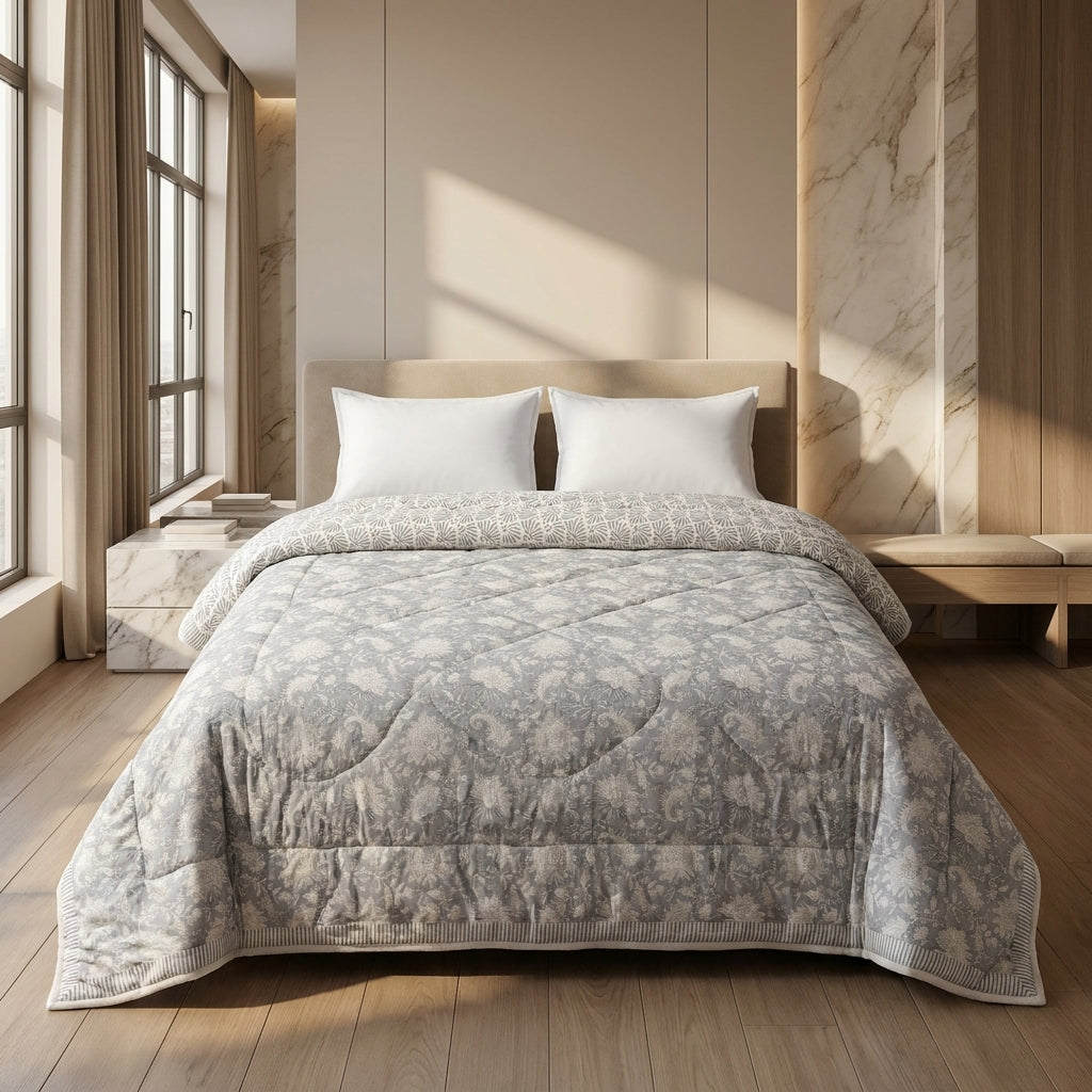 Soft Grey & Cream Jaipur Indian hand block print floral quilted comforter | Jaipur Indian hand block print cotton muslin quilted comforter | Sanganer floral block print bedding | Queen King size quilt India | House of Avana