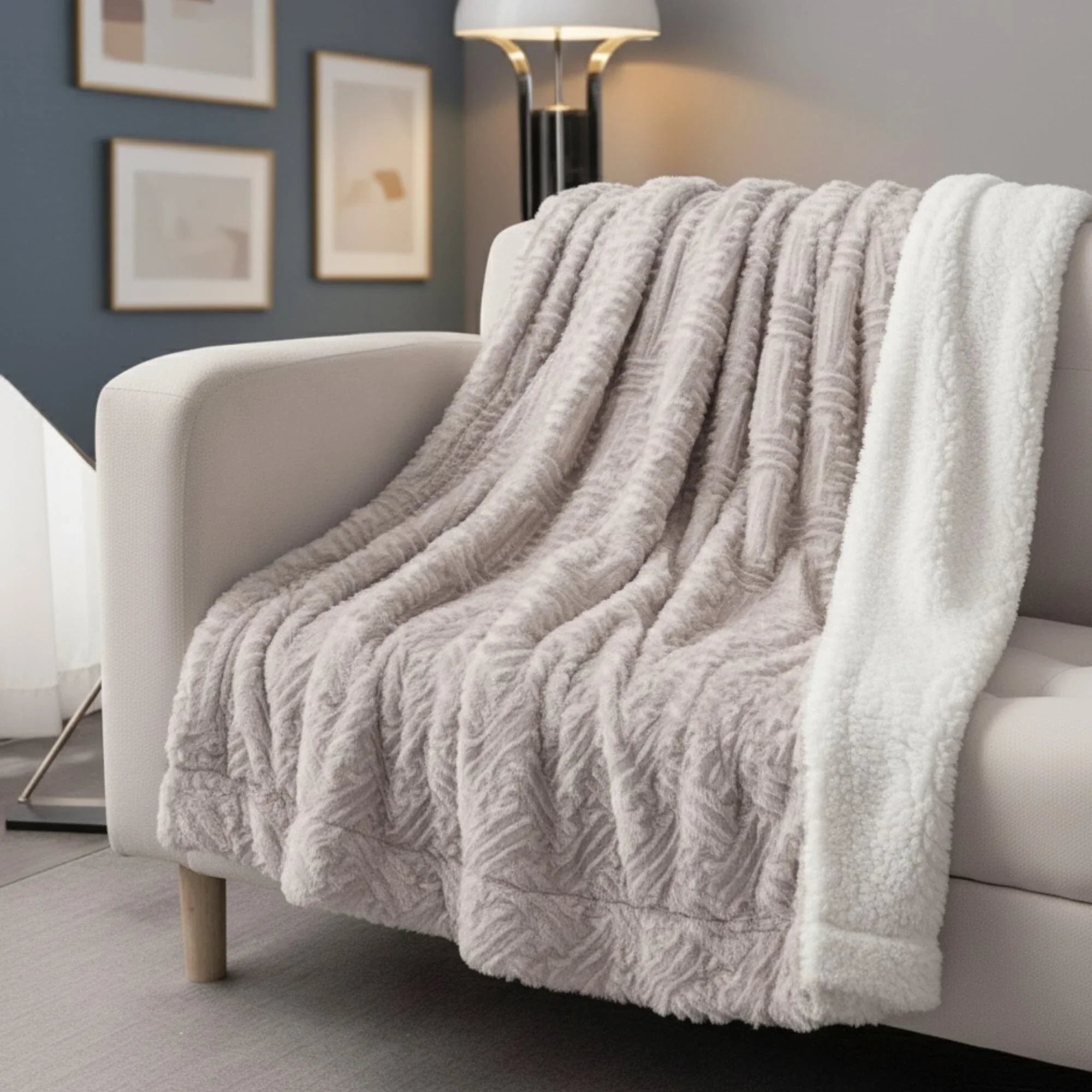 Dadalogy Bedding Lavender Grey Faux Fur Throw Blanket - Dreamy Geometric Embossed Sherpa Backside -... - House Of Avana