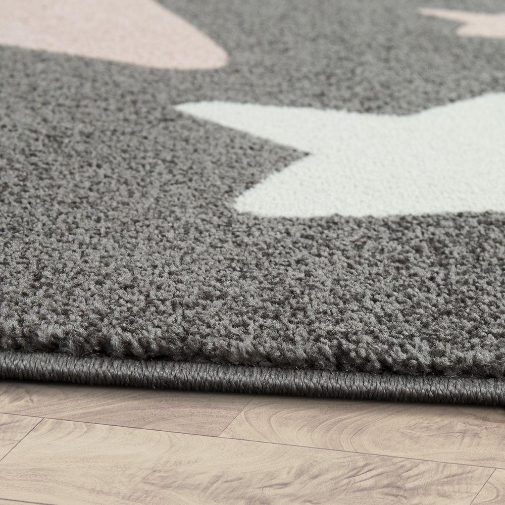 Nursery Rug for Kids in Grey with Pink White Pastel Stars, back view - House Of Avana