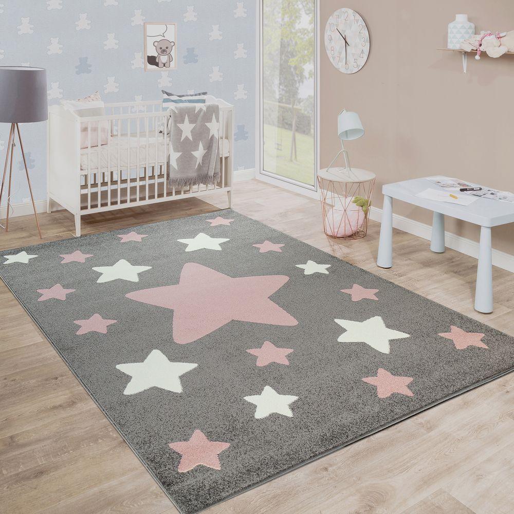 Nursery Rug for Kids in Grey with Pink White Pastel Stars, front view - House Of Avana