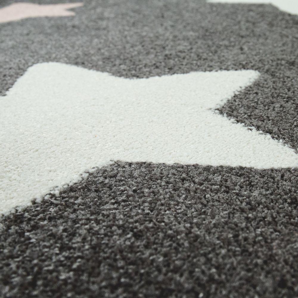 Nursery Rug for Kids in Grey with Pink White Pastel Stars, side view - House Of Avana