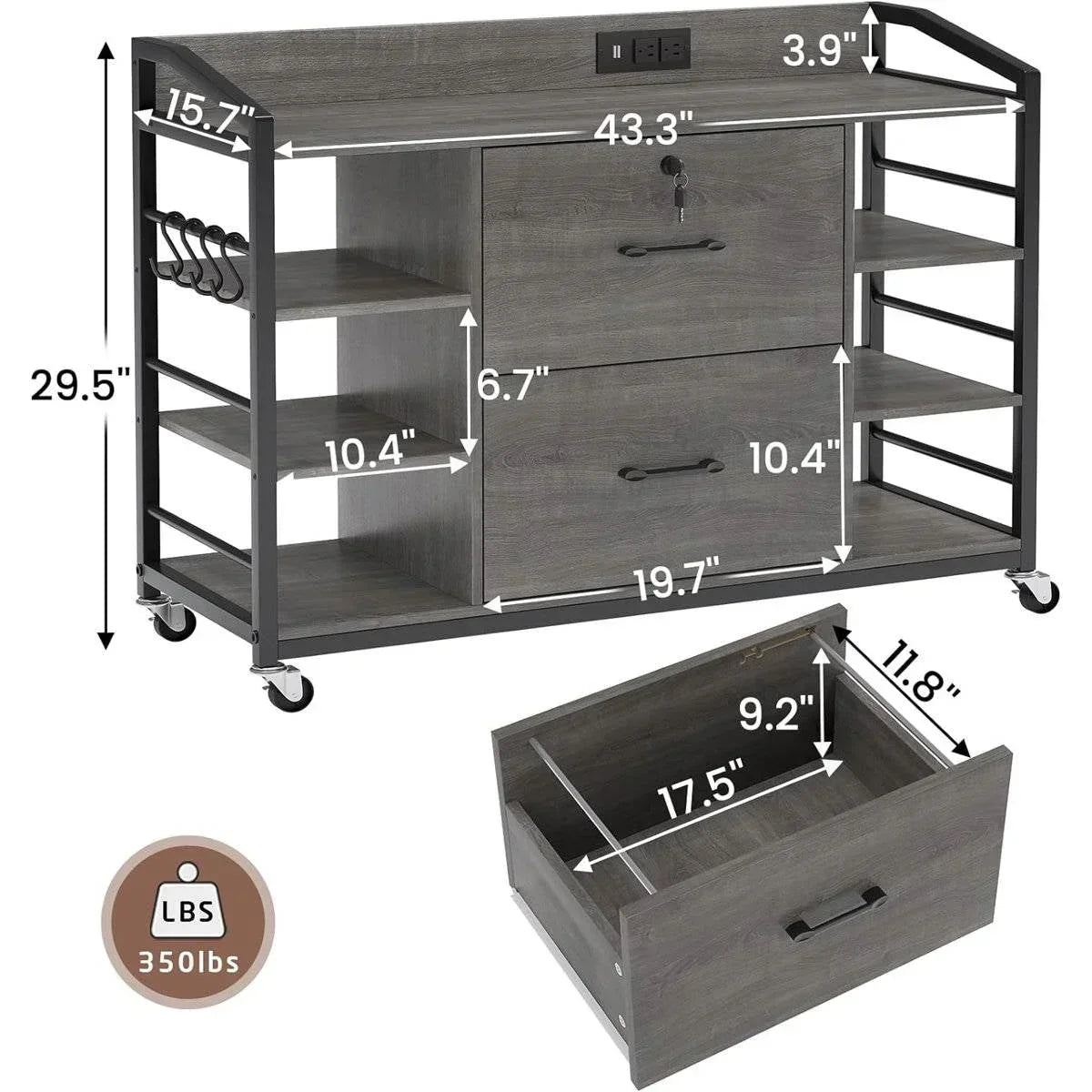 Grey Printer Stand Bookcase Power Station Mobile Office File Cabinet