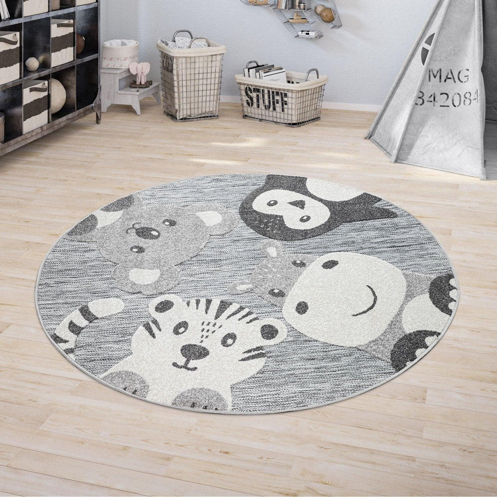 Round Kids Rug Lilo Cute Zoo Animals - Grey, front view - House Of Avana
