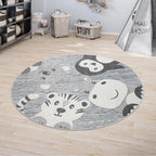 Round Kids Rug Lilo Cute Zoo Animals - Grey - House Of Avana