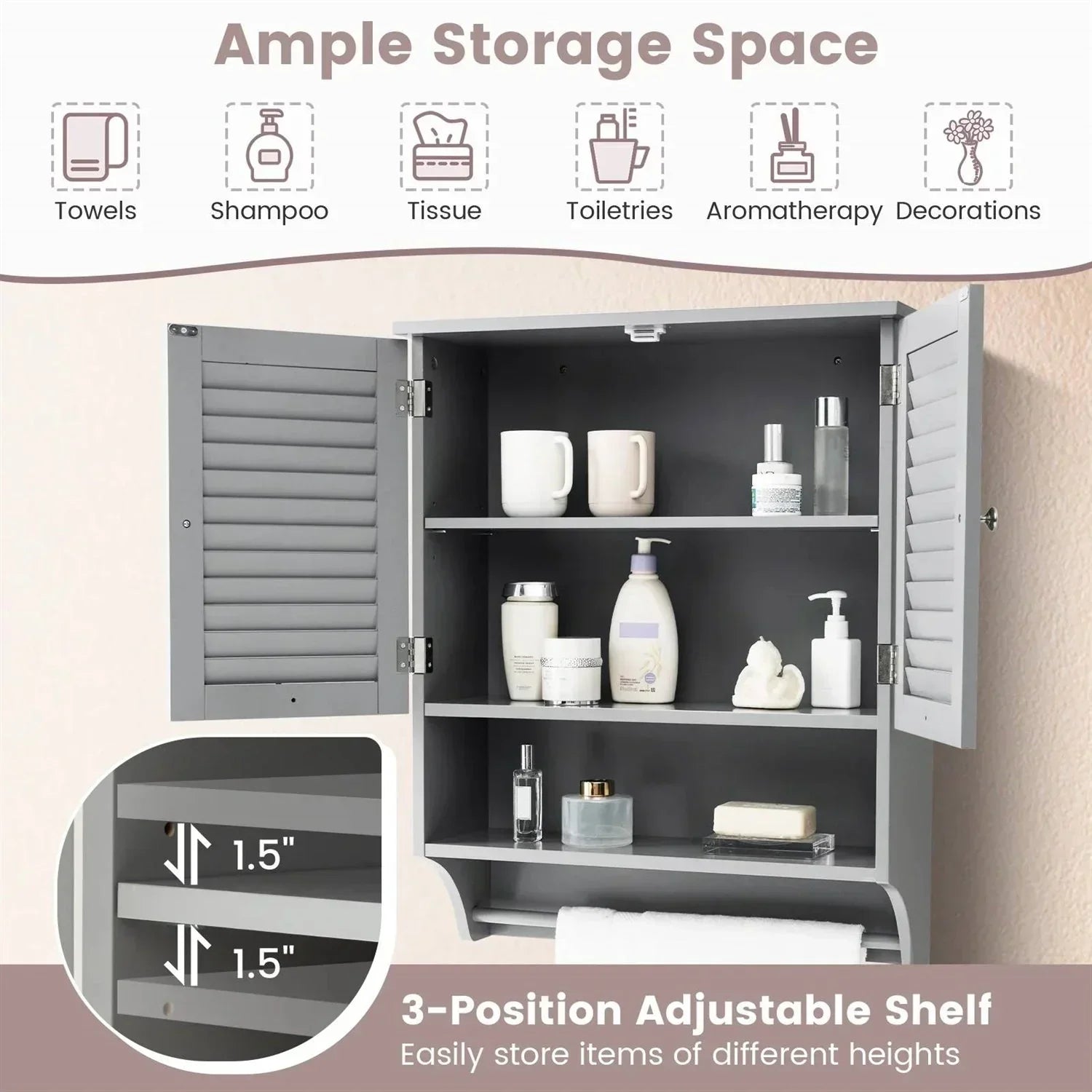 Grey Wall-Mounted Bathroom Medicine Cabinet with Louver Doors and Towel Bar