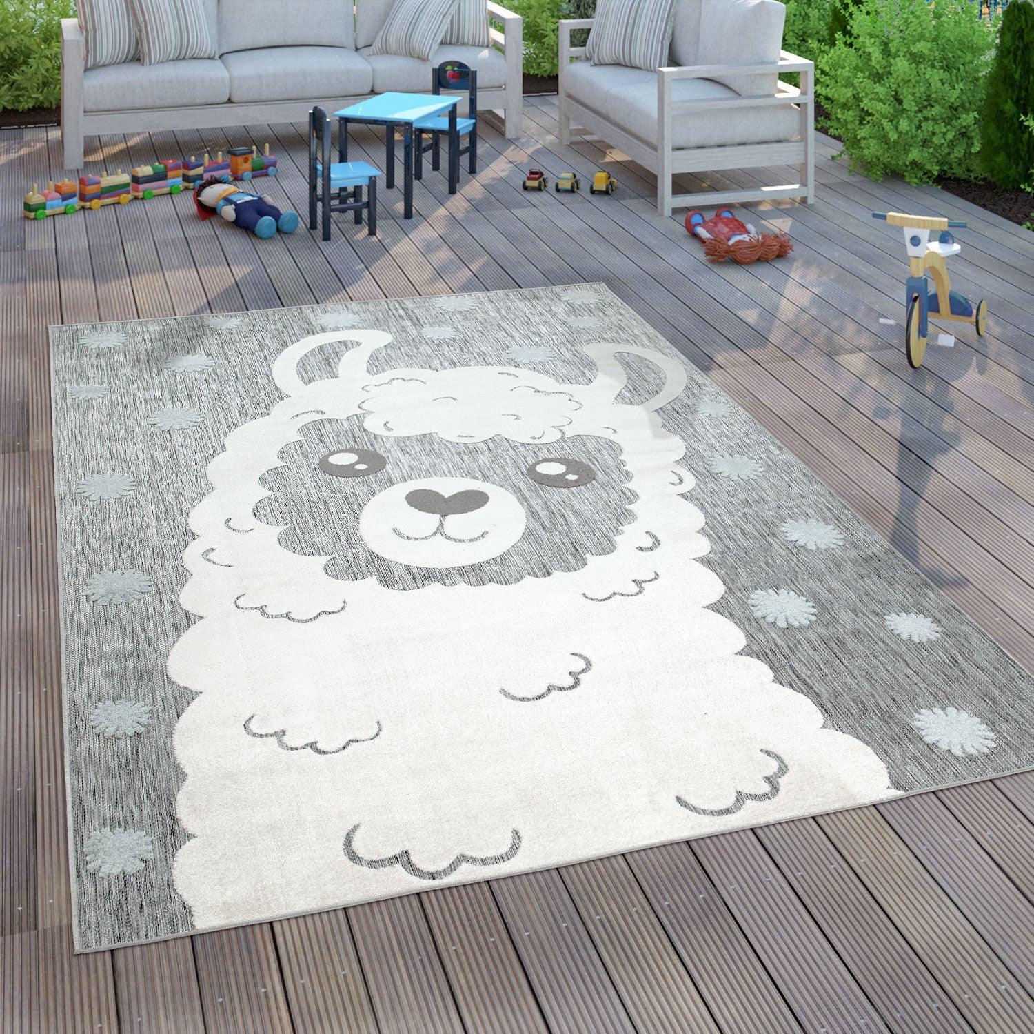 Kids Rug Lilo with Cute Llama Motif - Grey White, back view - House Of Avana