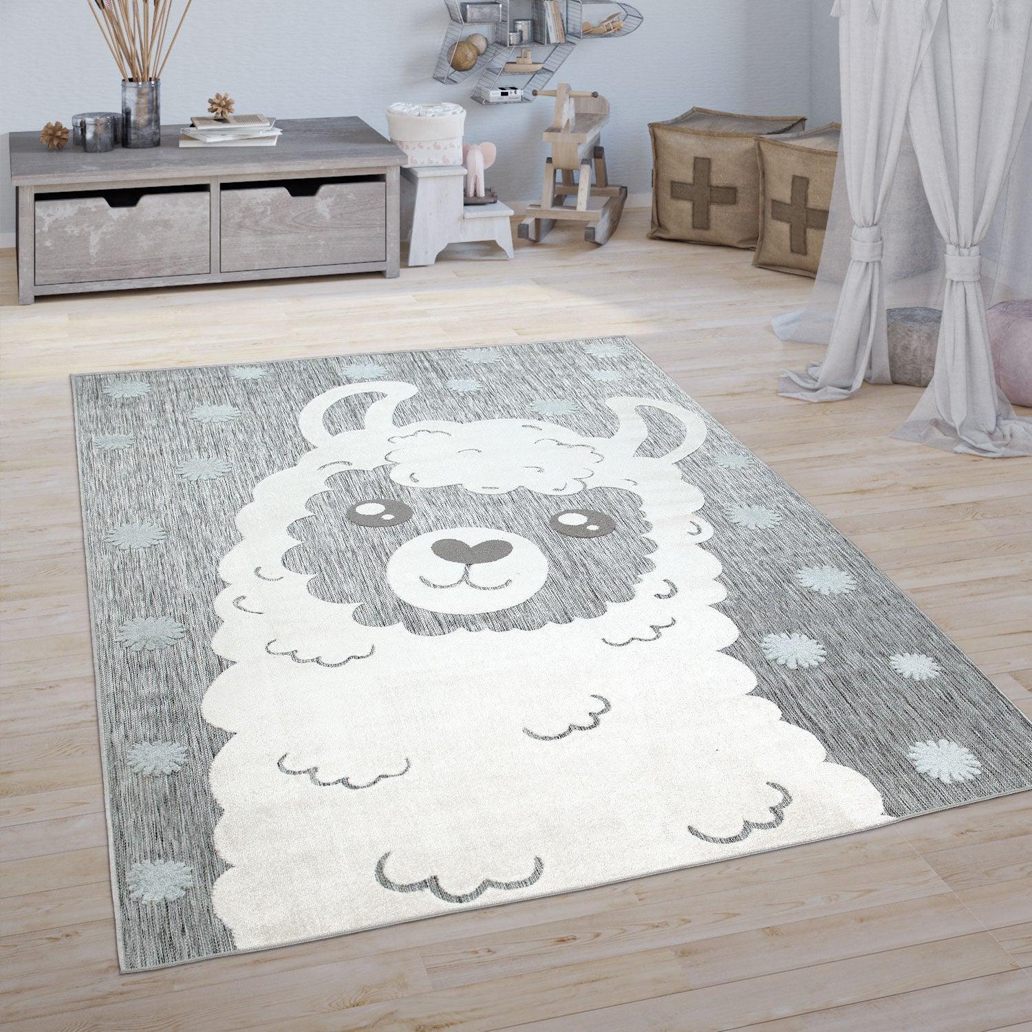 Kids Rug Lilo with Cute Llama Motif - Grey White, front view - House Of Avana