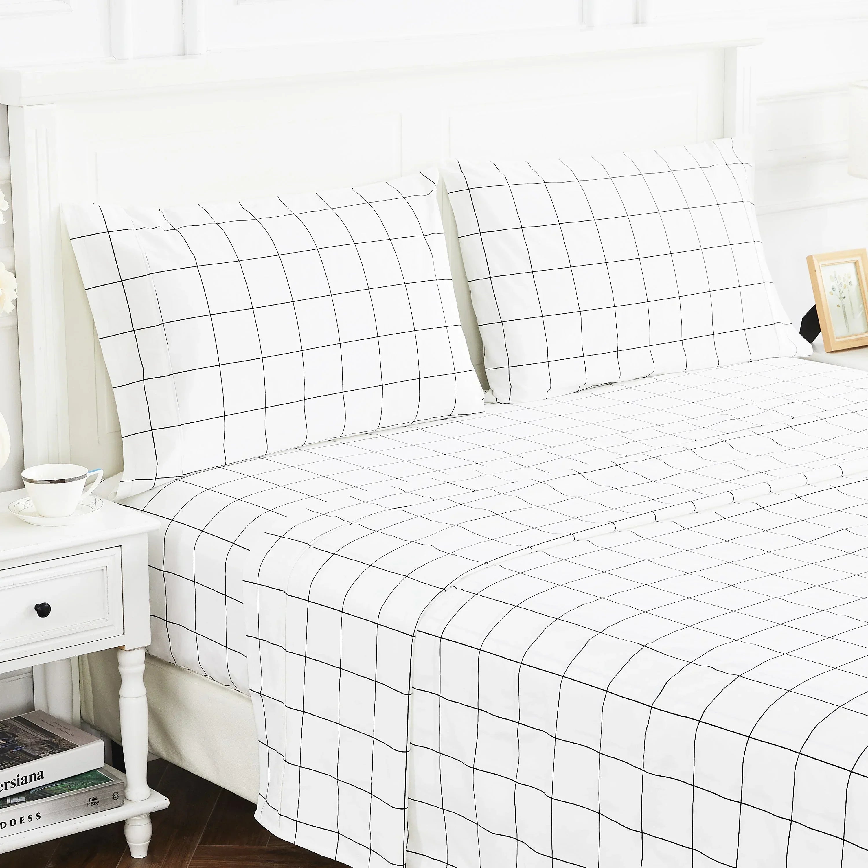 Grid Printed Cotton Percale Sheet Set Mélange Home
