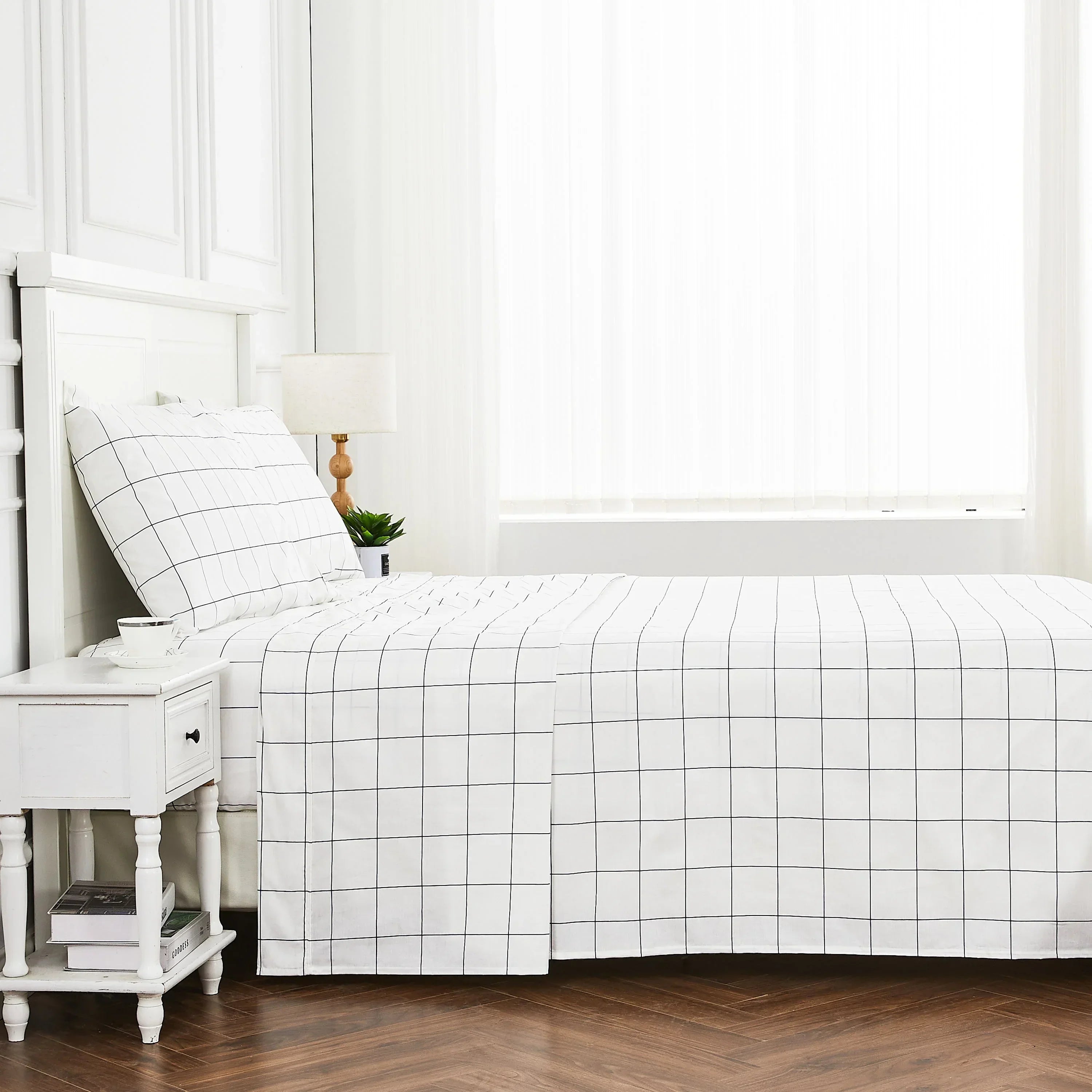 Grid Printed Cotton Percale Sheet Set Mélange Home