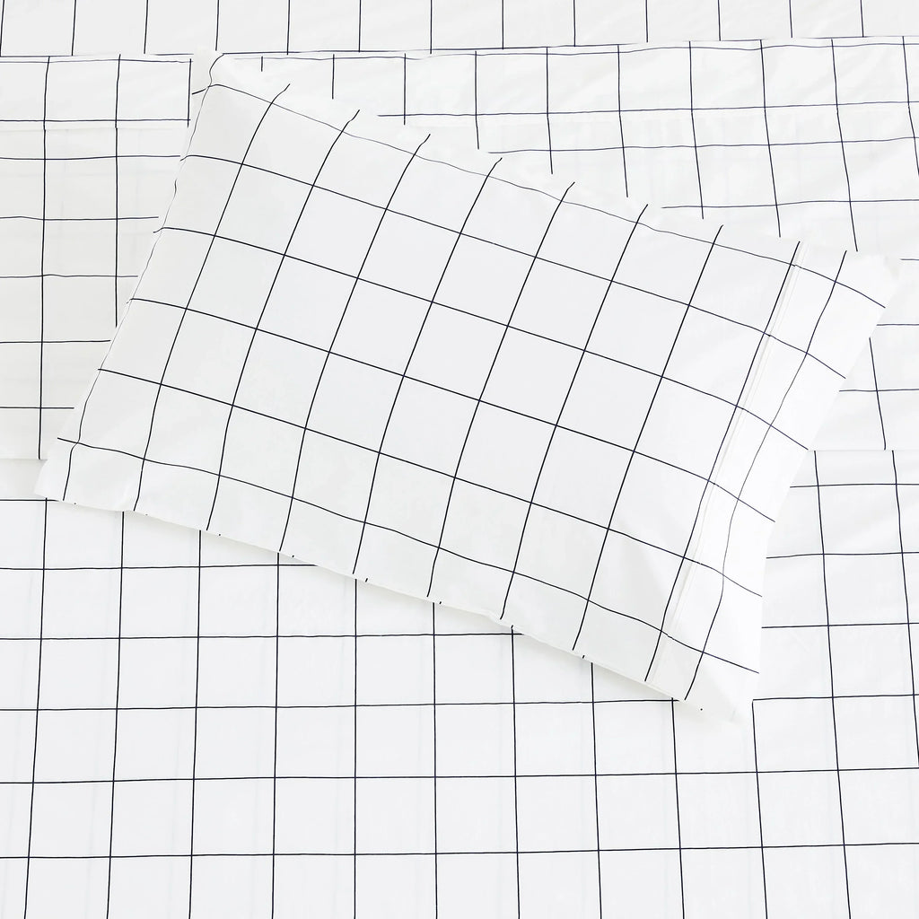 Grid Printed Cotton Percale Sheet Set Mélange Home