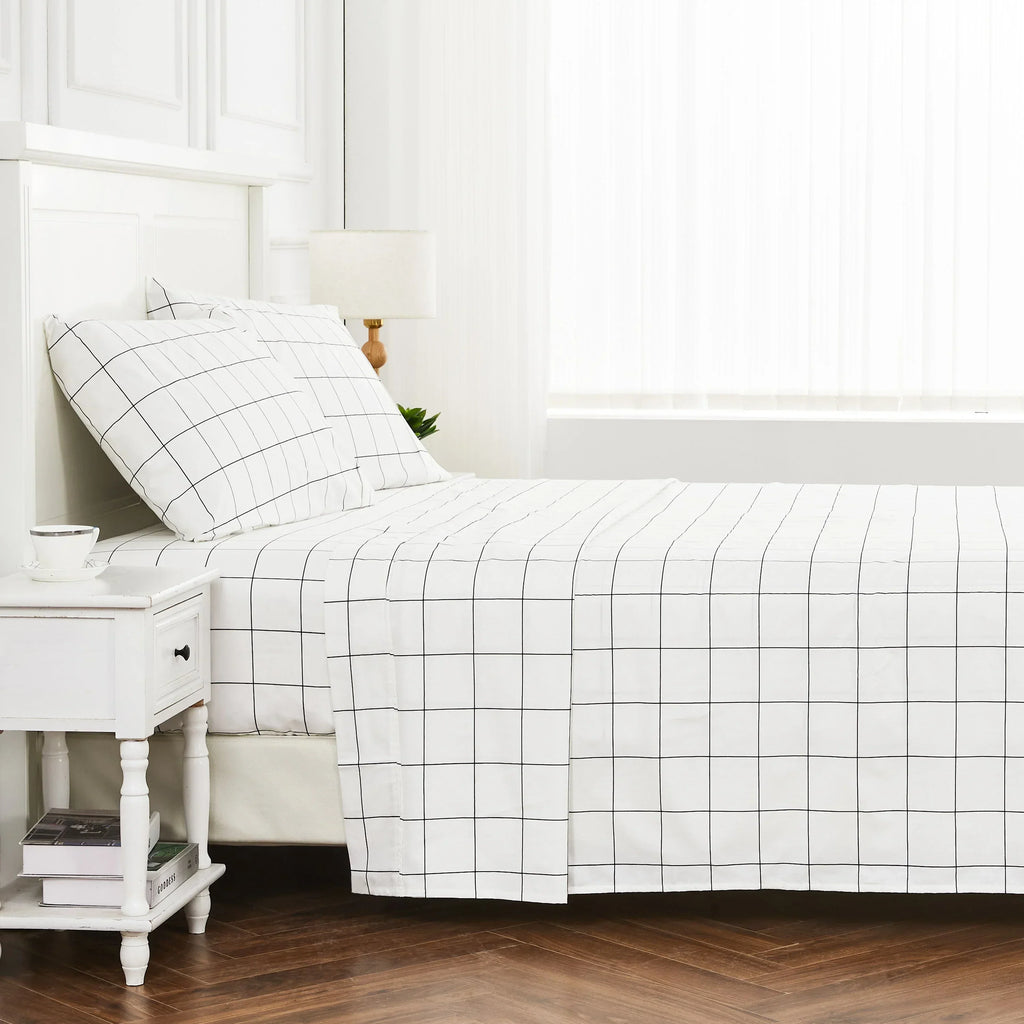 Grid Printed Cotton Percale Sheet Set Mélange Home