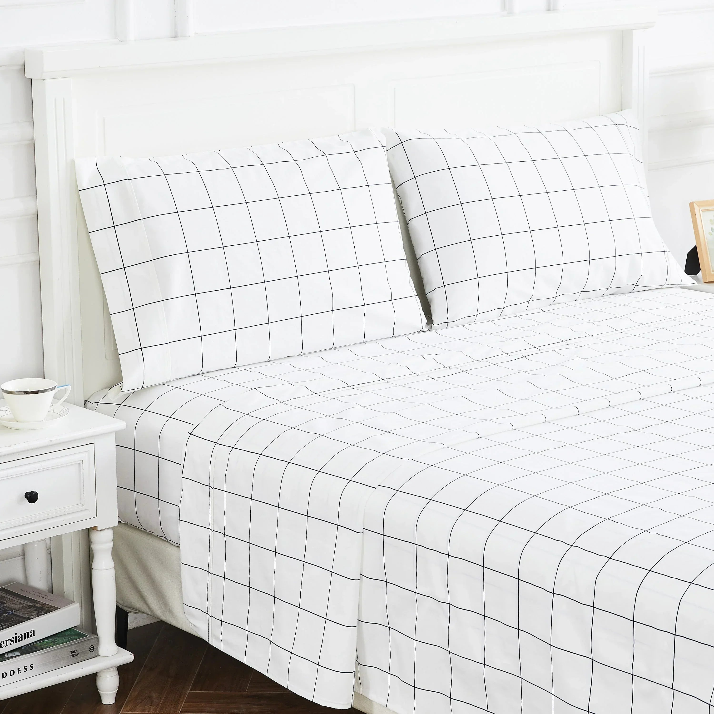 Grid Printed Cotton Percale Sheet Set Mélange Home