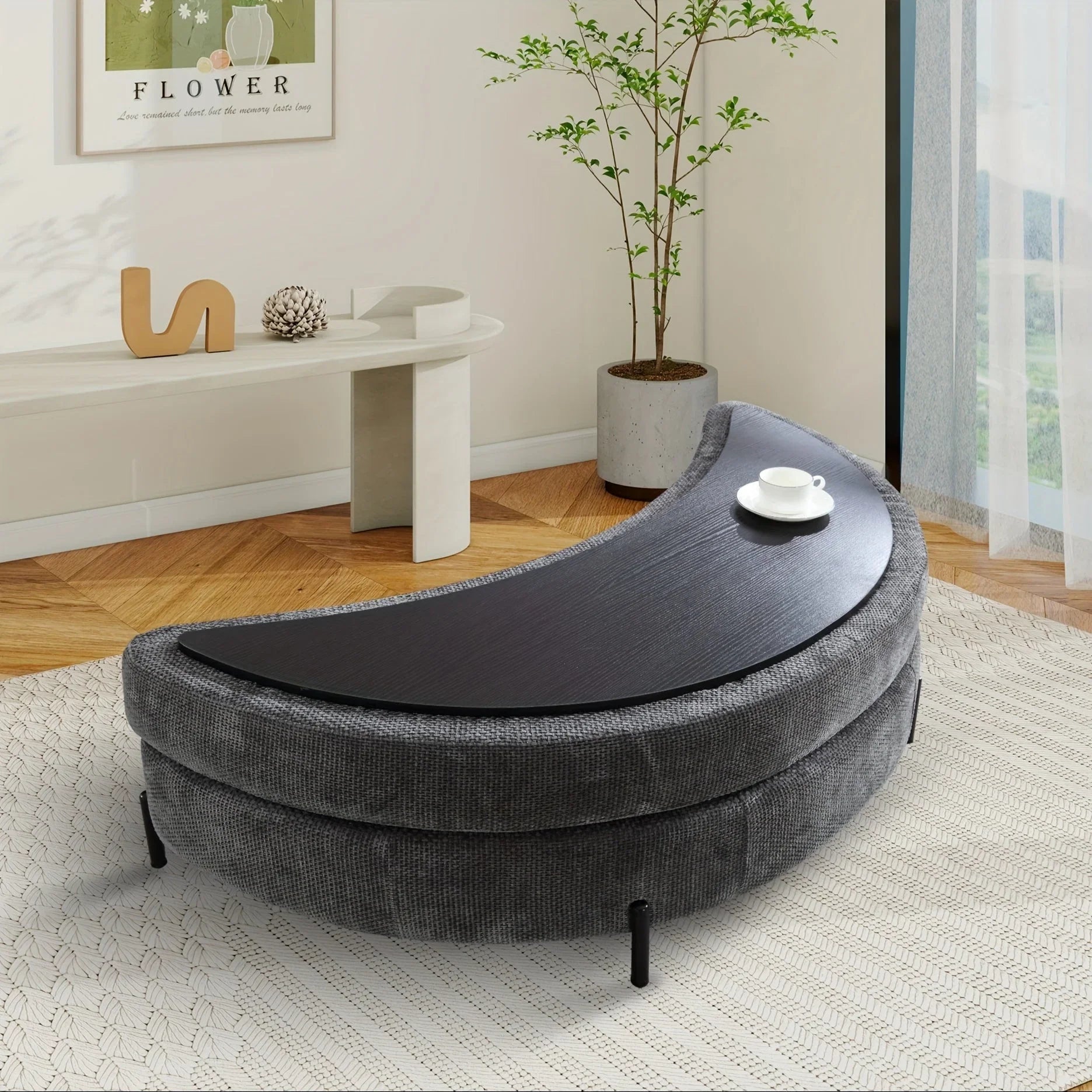 47.2"W Half Moon Storage Ottoman, Upholstered Storage Bench Reversible With Tray And Metal Legs For Living Room, Entryway House Of Avana