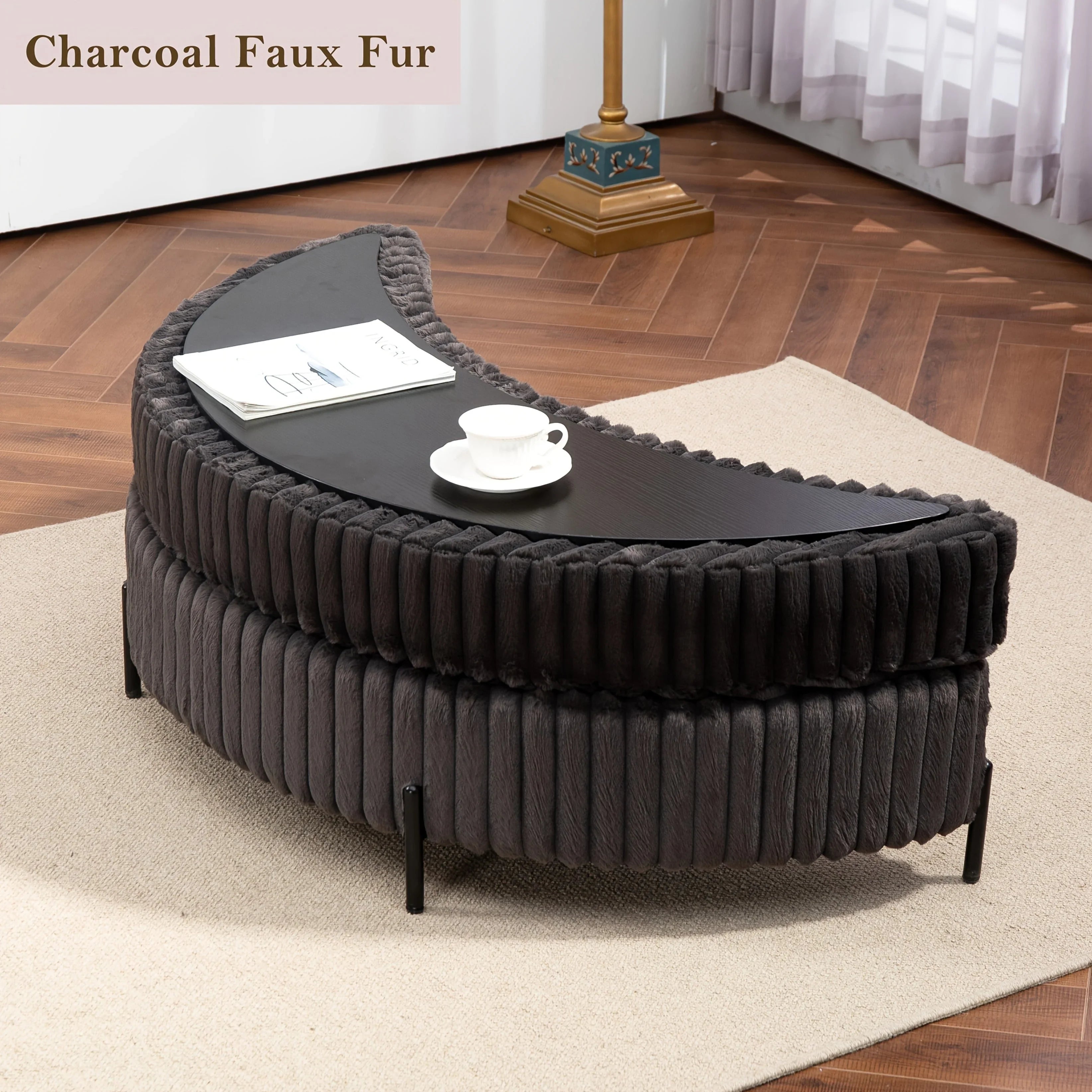 47.2"W Half Moon Storage Ottoman, Upholstered Storage Bench Reversible With Tray And Metal Legs For Living Room, Entryway House Of Avana