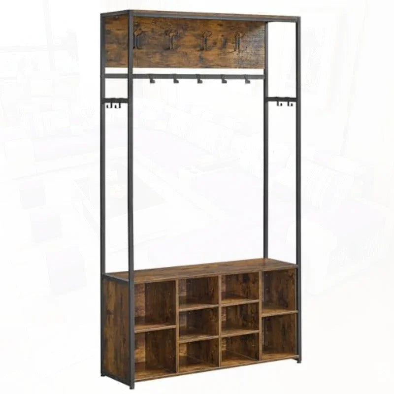 Hall Tree with Bench and Shoe Storage Coat Rack with Shoe Bench Hallway Furniture Open Compartments Industrial Style Space Saving Rustic Brown and Ink Black HSR432K01 House Of Avana
