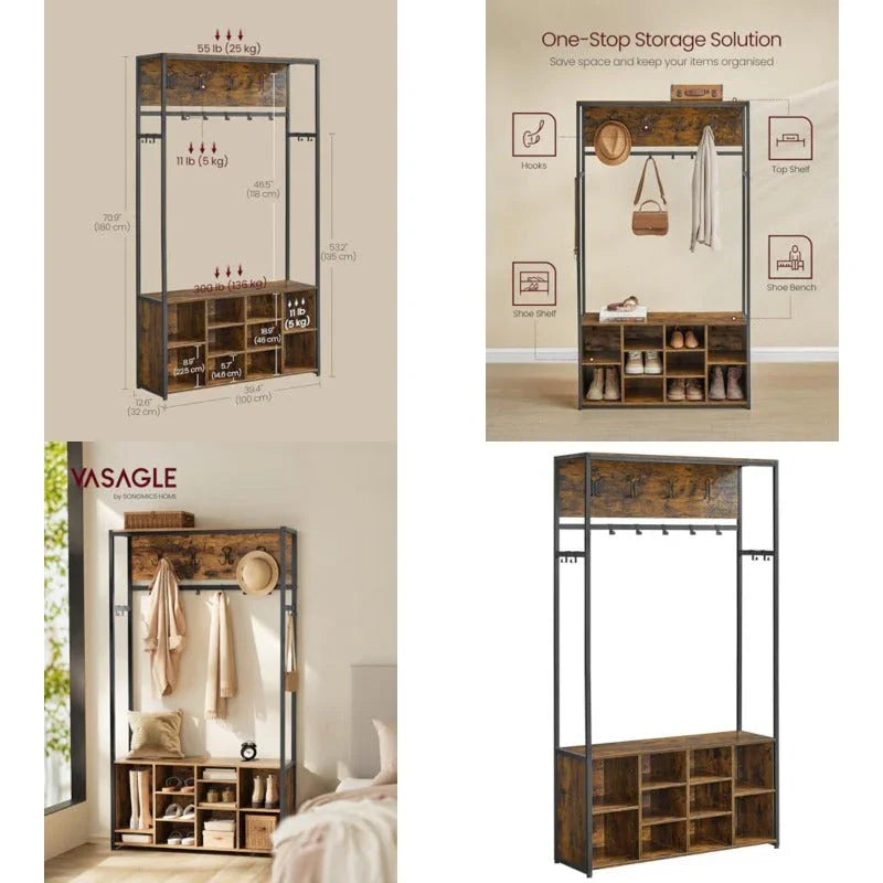Hall Tree with Bench and Shoe Storage Coat Rack with Shoe Bench Hallway Furniture Open Compartments Industrial Style Space Saving Rustic Brown and Ink Black HSR432K01 House Of Avana