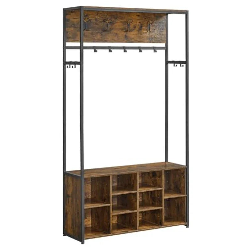Hall Tree with Bench and Shoe Storage Coat Rack with Shoe Bench Hallway Furniture Open Compartments Industrial Style Space Saving Rustic Brown and Ink Black HSR432K01 House Of Avana