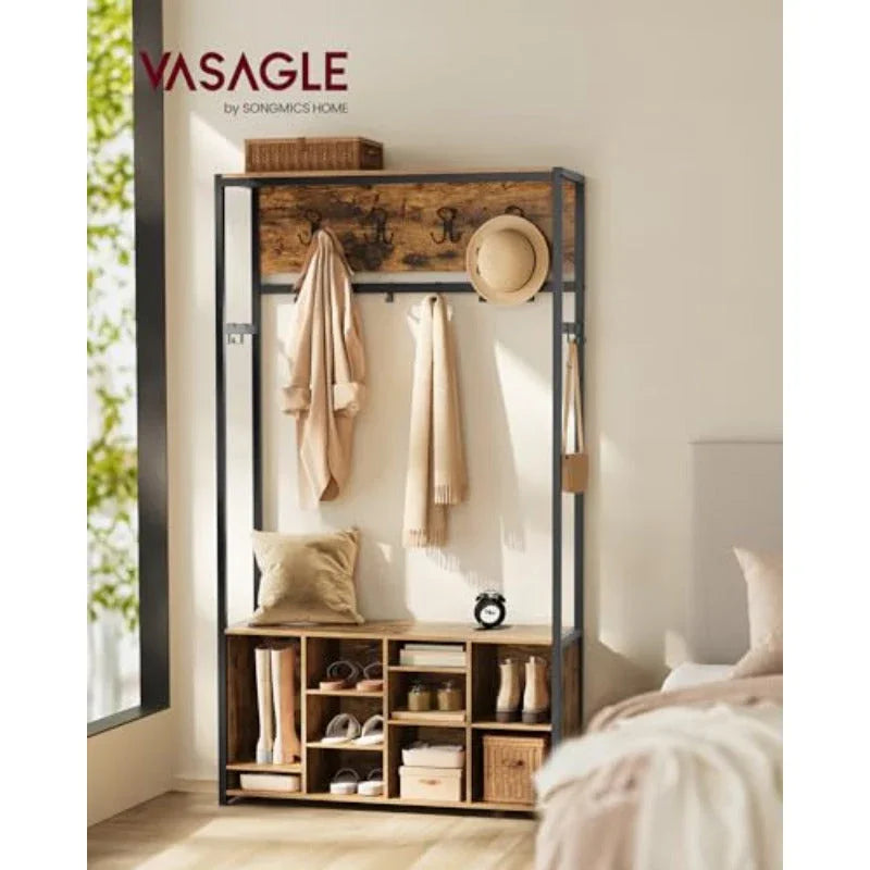 Hall Tree with Bench and Shoe Storage Coat Rack with Shoe Bench Hallway Furniture Open Compartments Industrial Style Space Saving Rustic Brown and Ink Black HSR432K01 House Of Avana