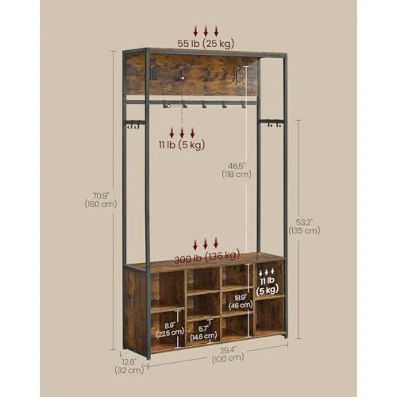 Hall Tree with Bench and Shoe Storage Coat Rack with Shoe Bench Hallway Furniture Open Compartments Industrial Style Space Saving Rustic Brown and Ink Black HSR432K01 House Of Avana