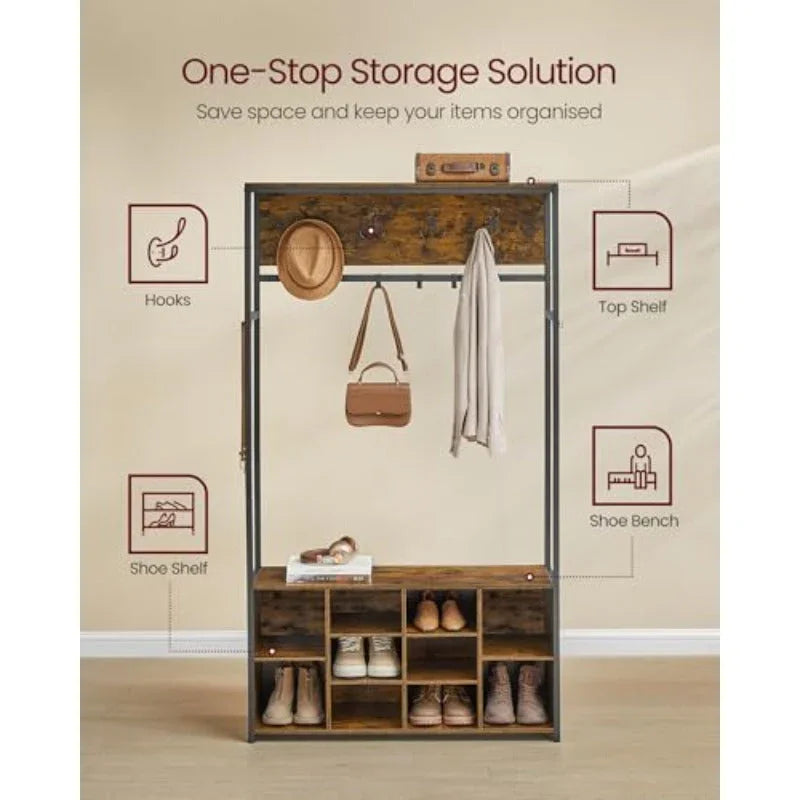Hall Tree with Bench and Shoe Storage Coat Rack with Shoe Bench Hallway Furniture Open Compartments Industrial Style Space Saving Rustic Brown and Ink Black HSR432K01 House Of Avana