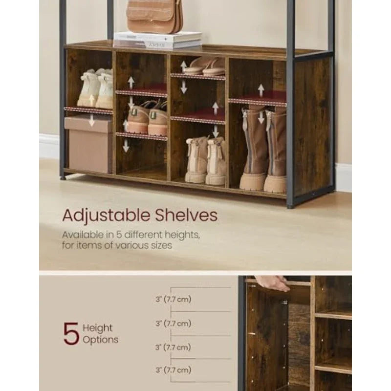 Hall Tree with Bench and Shoe Storage Coat Rack with Shoe Bench Hallway Furniture Open Compartments Industrial Style Space Saving Rustic Brown and Ink Black HSR432K01 House Of Avana