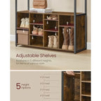 Hall Tree with Bench and Shoe Storage Coat Rack with Shoe Bench Hallway Furniture Open Compartments Industrial Style Space Saving Rustic Brown and Ink Black HSR432K01 House Of Avana